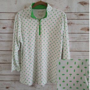 San Soleil White Green 1/4 Zip Vented 3/4 Sleeve Pullover UPF 50 Sun Shirt Large